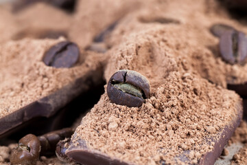 chocolate bar with cocoa powder topping and coffee beans