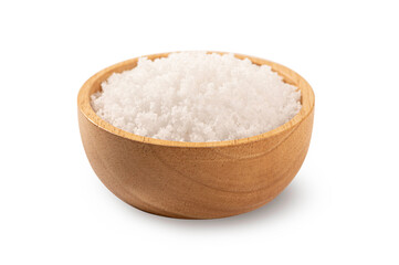 Fototapeta na wymiar Salt in wood bowl isolated on white