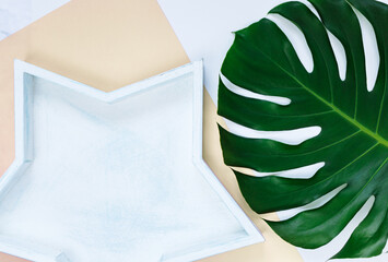 Tropical green palm leaf and empty wooden tray on pink green background. Monstera leaves mockup, template. Summer fashion background.