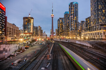 a commuter GO train leaving Union station in downtown Toronto.