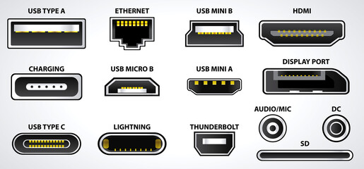 various usb plug connector mini micro lightning type - obrazy, fototapety, plakaty