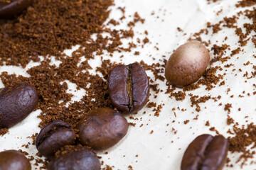 aromatic coffee beans with ground coffee powder