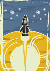 illustration of a vintage rocket launch to stars concept