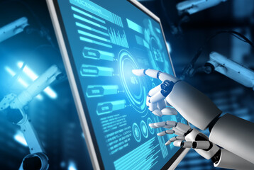 Mechanized industry robot and robotic arms for assembly in factory production . Concept of...