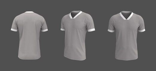 men's soccer t-shirt mockup in front, side and back views, design presentation for print, 3d illustration, 3d rendering