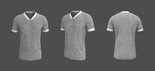 men's soccer t-shirt mockup in front, side and back views, design presentation for print, 3d illustration, 3d rendering