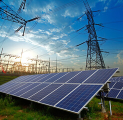 Solar panels and electric tower, green energy