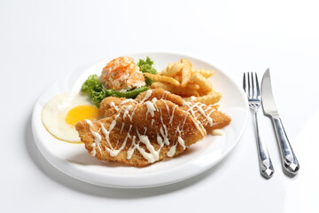 deep fried golden crispy fish fillet and chips with fried egg, French fries, coleslaw salad in tartar sauce western cuisine menu