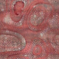 Seamless grungy tribal ethnic rug motif pattern. High quality illustration. Distressed old looking native style design in faded sun burnt red and cream colors. Old artisan textile seamless pattern.
