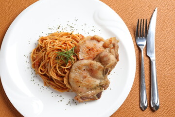 grilled golden bbq meat chicken cop pork cutlet beef steak with fried bolognese pasta noodle western main course cuisine menu