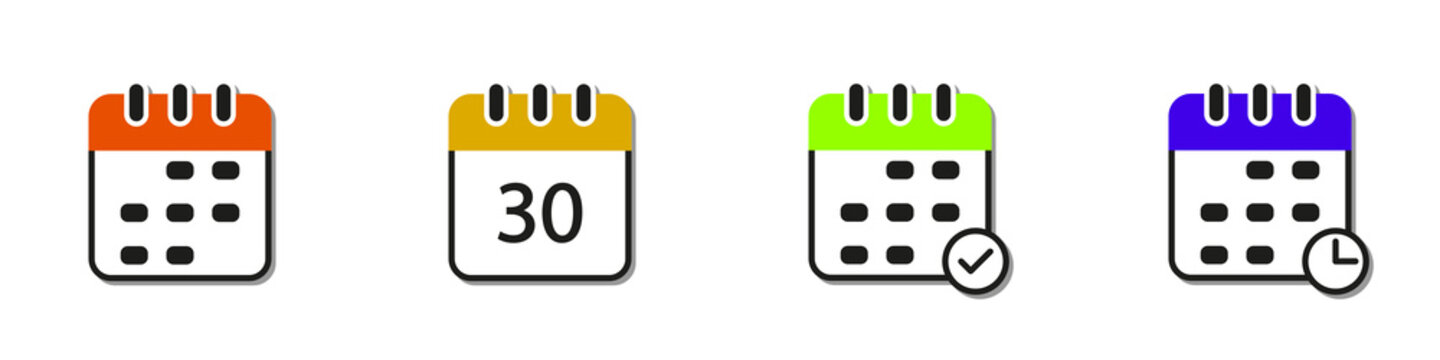 Conjunto de iconos de calendario, de diferentes colores. Concepto de evento, tiempo, d&iacute;as, meses, semanas de un a&ntilde;o. Ilustraci&oacute;n vectorial