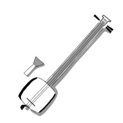 Hand drawn illustration of the Japanese traditional music instrument Shamisen in simple icon drawing
