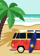 Summer time and happy holiday concept decorative with van on the beach flat design style