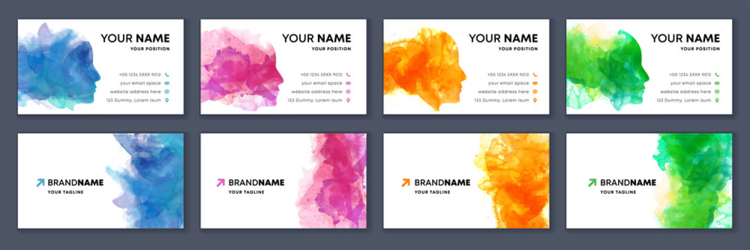Big set of bright colorful business card template with vector watercolor head silhouette on white background