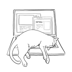 ノートパソコンの上で寝る猫　線画