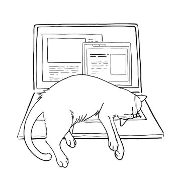ノートパソコンの上で寝る猫　線画
