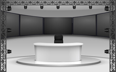 white table and lcd background in a news studio room	
 - obrazy, fototapety, plakaty