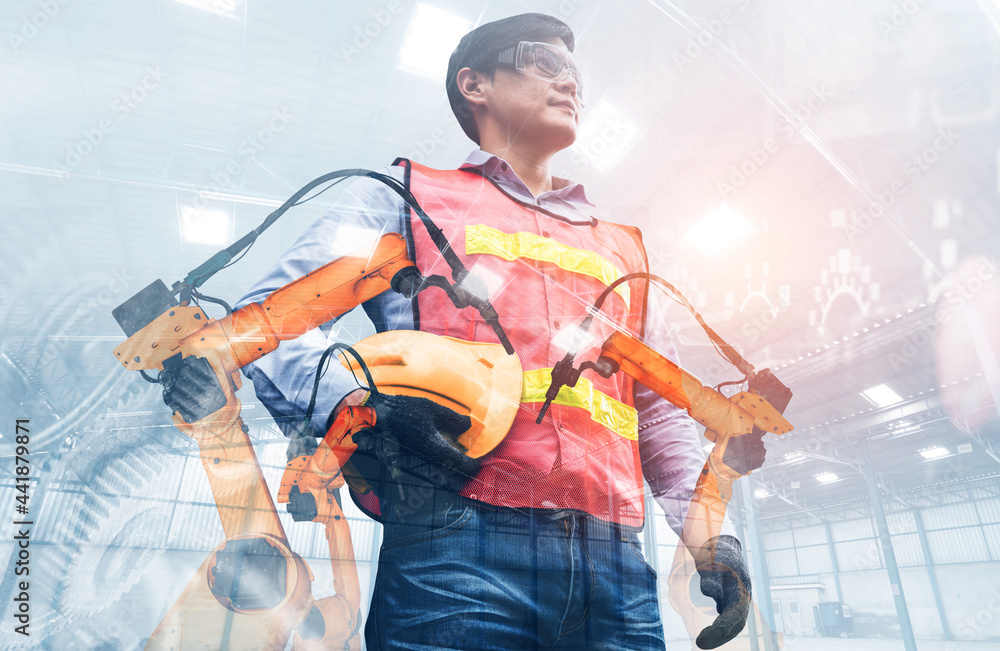 Poster mechanized industry robot arm and factory worker double exposure . concept of robotics technology fo