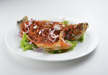deep fried crispy whole grouper fish with spicy chilli onion sambal sauce asian Halal seafood menu