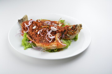 deep fried crispy whole grouper fish with spicy chilli onion sambal sauce asian Halal seafood menu