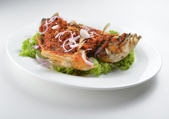 deep fried crispy whole grouper fish with spicy chilli onion sambal sauce asian Halal seafood menu