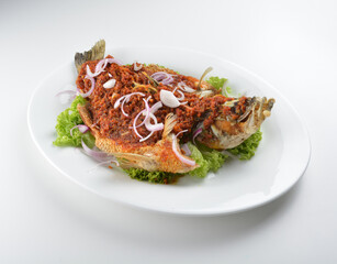 deep fried crispy whole grouper fish with spicy chilli onion sambal sauce asian Halal seafood menu