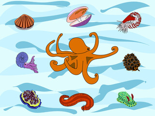Octopus, baby fish, shells in the ocean. A set of marine life on the background of the deep sea.
