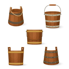 Collection of old wooden buckets of various shapes with different handles. Cartoon style illustration. Vector. © Tatiana Zhzhenova