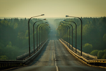 bridge over the river in an early summer morning and the road stretching into the misty distance
