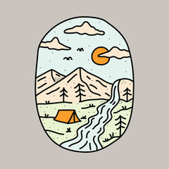 Camping nature with beauty mountain and river graphic illustration vector art t-shirt design