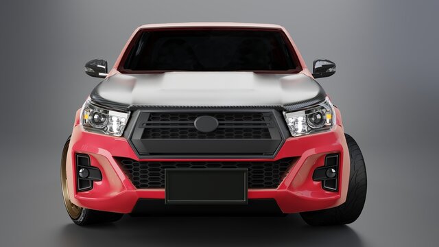 Red compact car - front view closeup shot.3D render.
