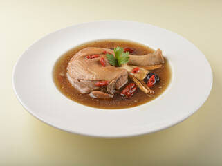 chef double boiled herbal chicken leg soup with steam white rice asian healthy halal menu