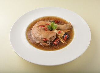 chef double boiled herbal chicken leg soup with steam white rice asian healthy halal menu