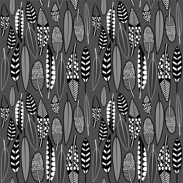seamless pattern with feathers linocut