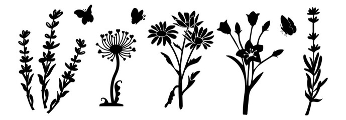 Fototapeta na wymiar silhouette of lavender, chamomile, bell and dandelion flowers. Butterflies fly. vector. sketch. eps