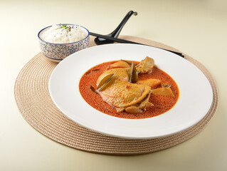 local red nyonya peranakan Malay spicy curry chicken gravy with steam white rice asian halal menu