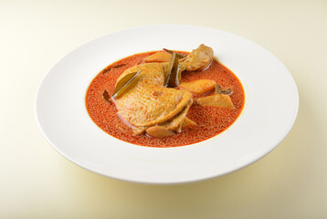 local red nyonya peranakan Malay spicy curry chicken gravy with steam white rice asian halal menu