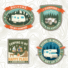 Set of camping badges. Vector Patch or sticker. Concept for shirt or logo, print, stamp or tee. Vintage typography design with quad bike, tent, mountain, camper trailer and forest silhouette.