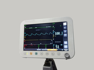 Patient oxygen and heart rate monitor machine screen. Health care device in hospital for coronavirus patient oxygen saturation level and heart rate.