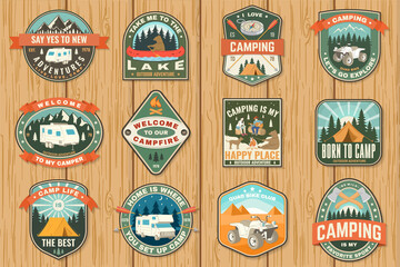 Set of camping badges. Vector Patch or sticker. Concept for shirt or logo, print, stamp or tee. Vintage typography design with quad bike, tent, mountain, camper trailer and forest silhouette. - obrazy, fototapety, plakaty