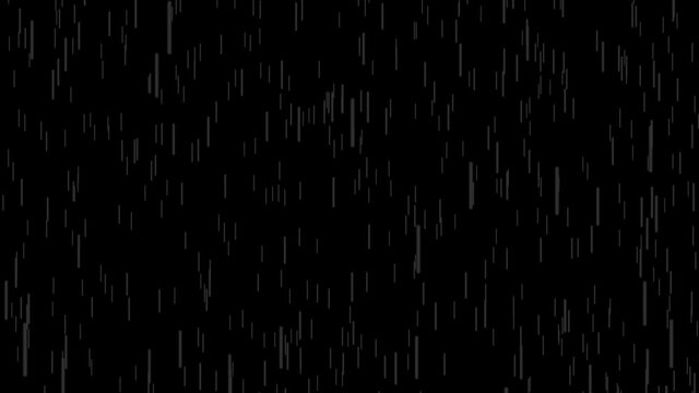 Long white drops fall in a continuous stream from top to bottom on a black background. Tropical downpour.