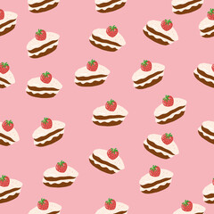 cake with strawberry seamless pattern. hand drawn vector. food, sweets, dessert, textile, fabric, wallpaper, background, wrapping paper.