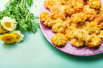 Chrysanthemum flowers in batter,vegan food