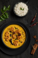 Kadhi chawal, Indian cuisine, flatlay setup, dark background