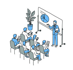 男性講師のセミナーに参加する男性と女性