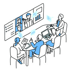 ビデオ会議で議論をするビジネスマンとOL