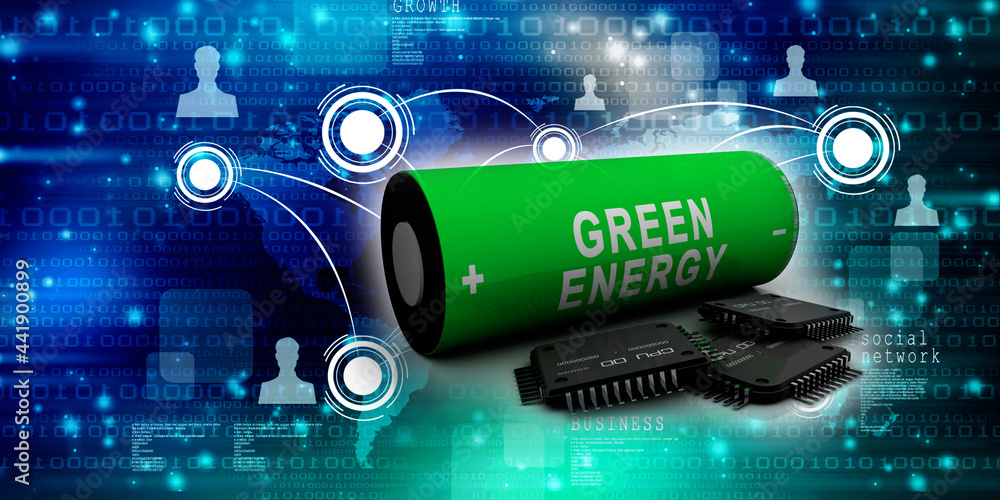 Poster 3d rendering electrical energy and power supply source concept, accumulator battery with computer ch