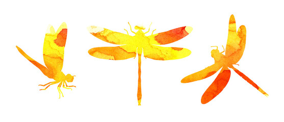 Set of watercolor illustrations of yellow abstract dragonflies with paint stripes. Cute funny insect print. A winged insect with large eyes. Isolated over white background. Drawn by hand.