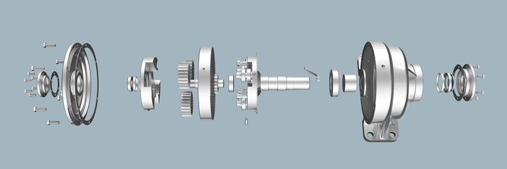Planetary gearbox in disassembled form, bearings, shafts and gears. 3D illustration of details on a white background.