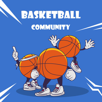 Cool basketball mascot character cartoon vector illustration. Basketball community poster isolated on blue background